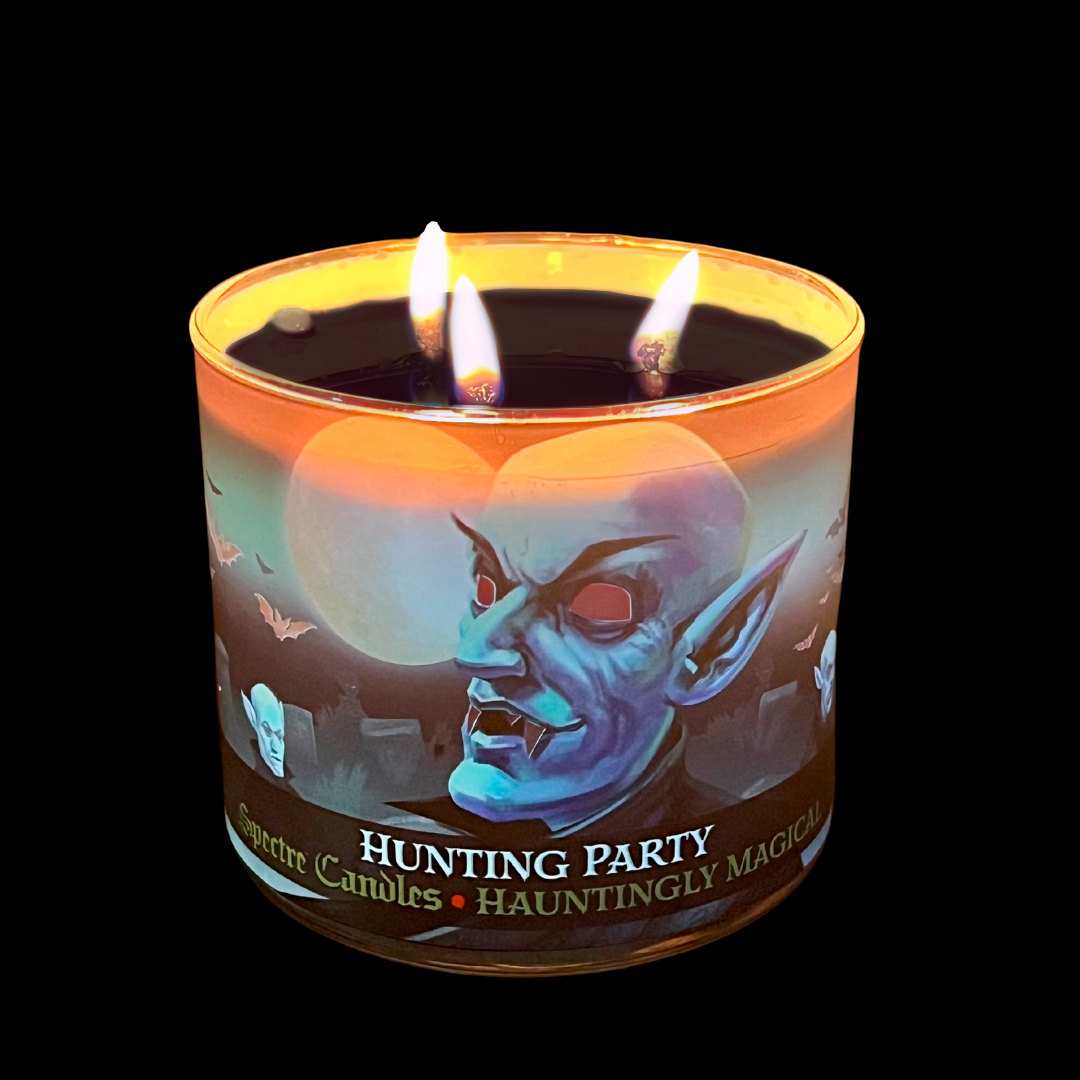 spectre 15oz hunting party candle, lit, full wax pool