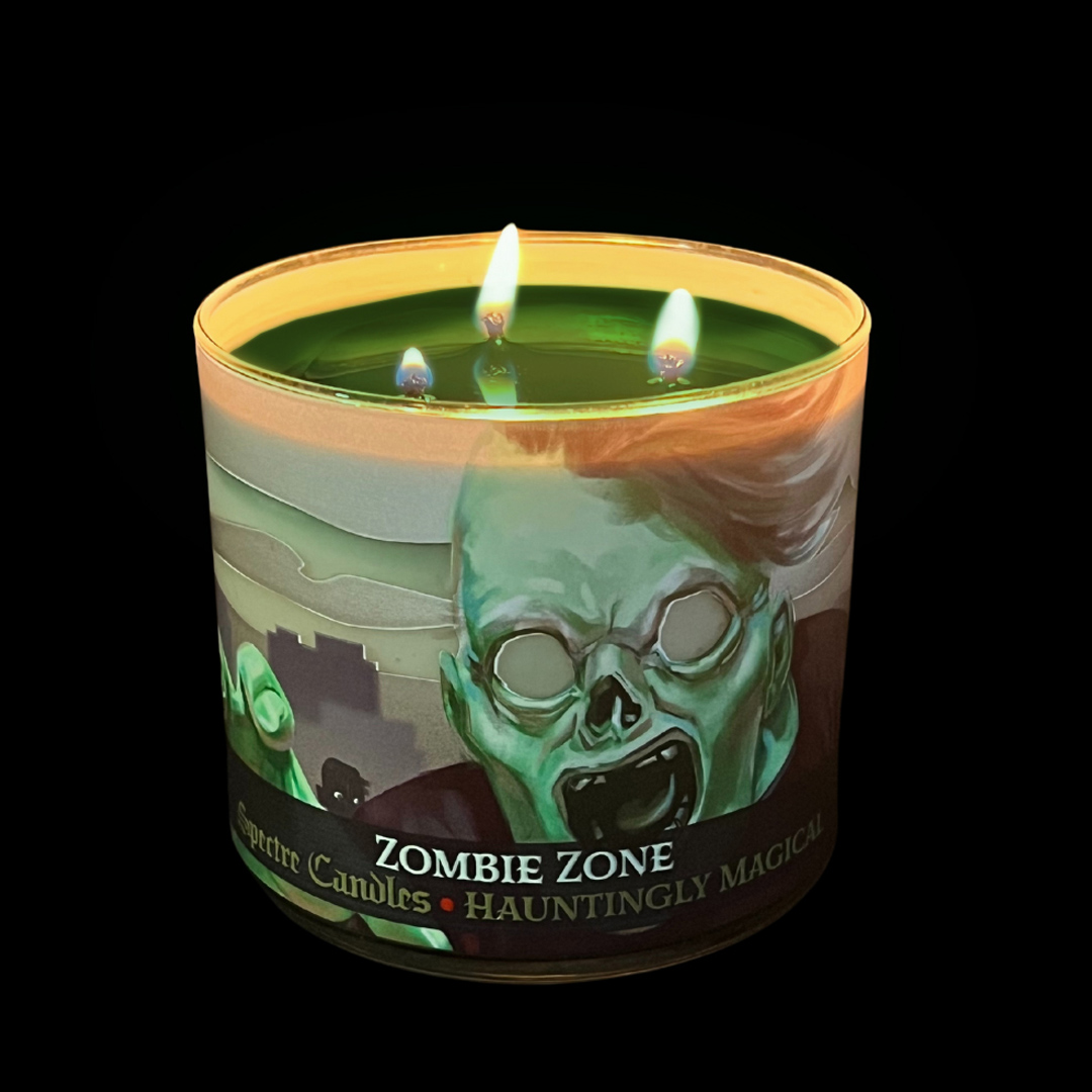 spectre 15oz zombie zone candle, lit, full wax pool