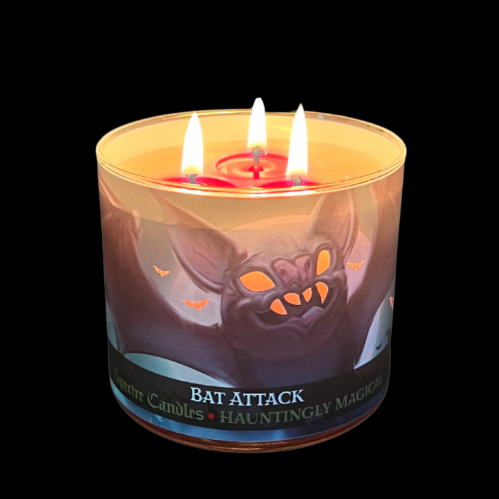 spectre candles, 15oz, bat attack candle, lit