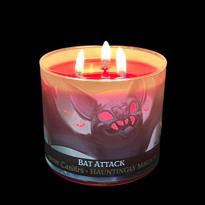 spectre candles, 15oz, bat attack candle, lit, full wax pool