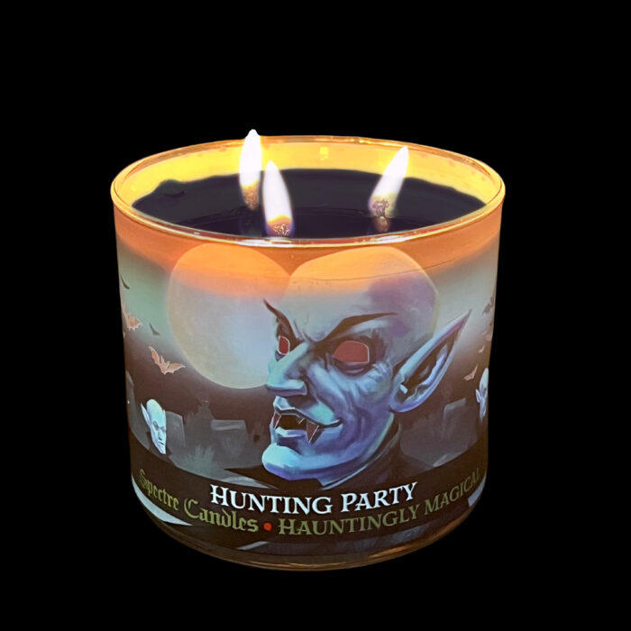 spectre candles, 15oz, hunting party candle, lit, full wax pool