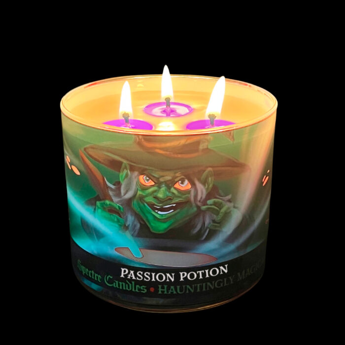 spectre 15oz passion potion candle, lit