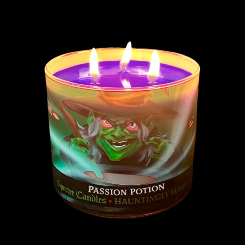 spectre 15oz passion potion candle, lit, full wax pool