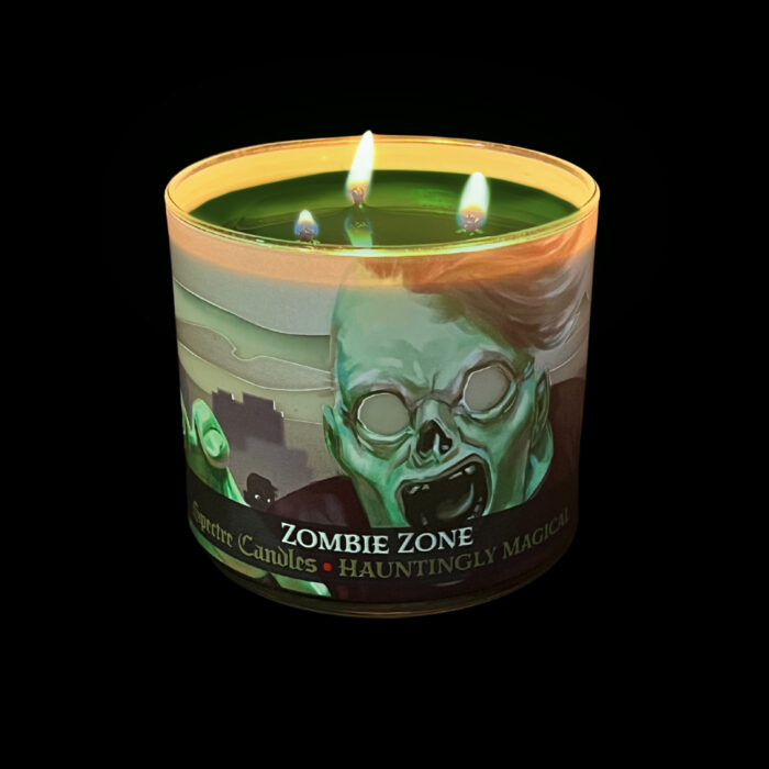 spectre 15oz zombie zone candle, lit, full wax pool