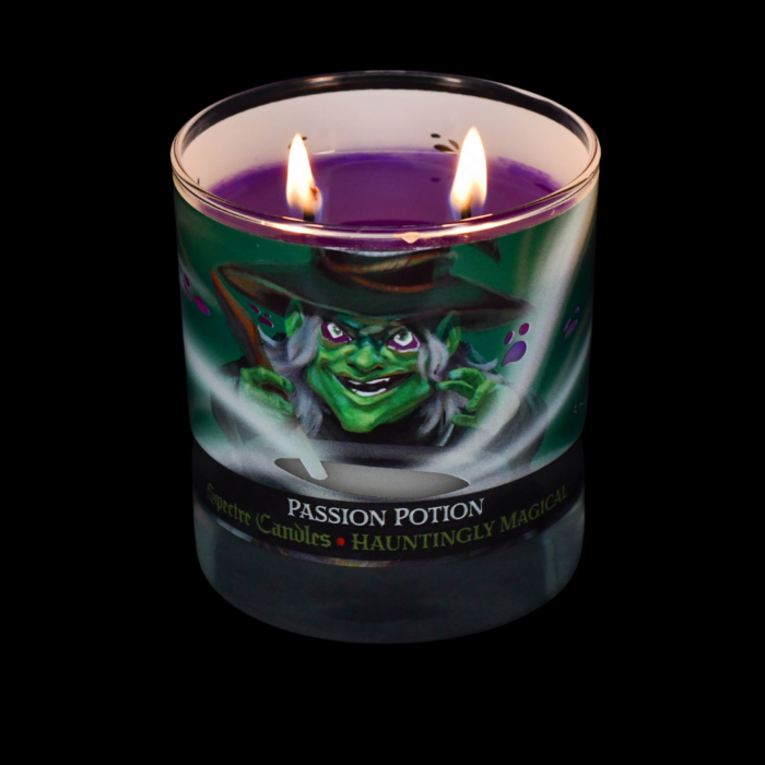 spectre candles passion potion candle, lit, full wax pool