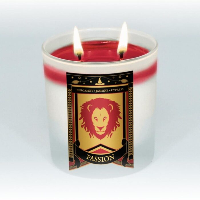 red candle, lit, 8oz