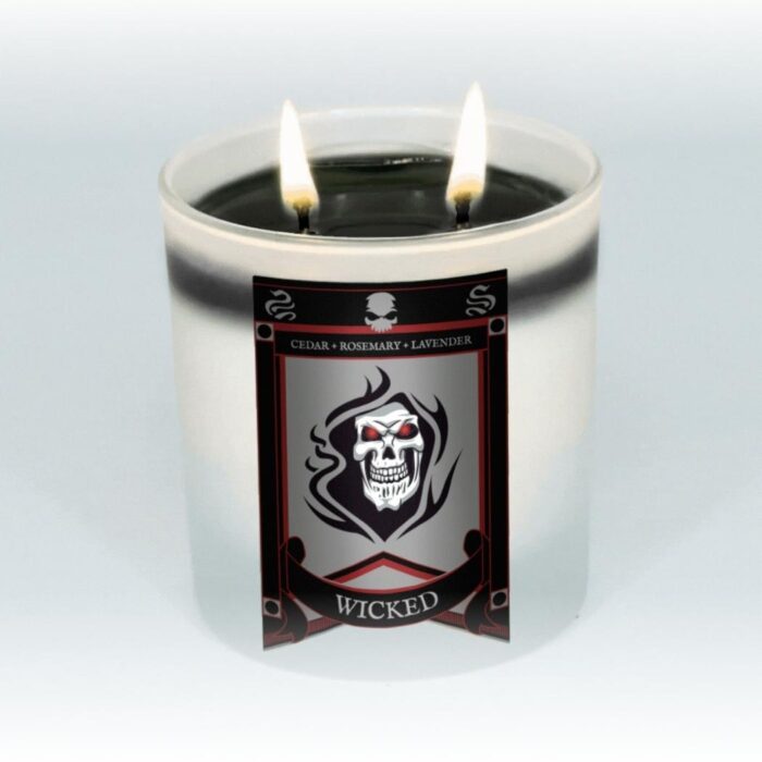 black candle, lit, 8oz